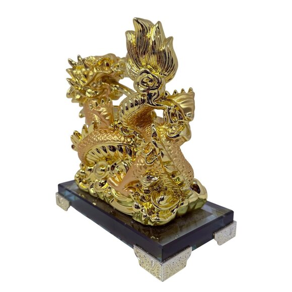Dragons Rising All Over the World Gold Statue Feng Shui Chinese Figurine 7.5” T - Picture 7 of 8
